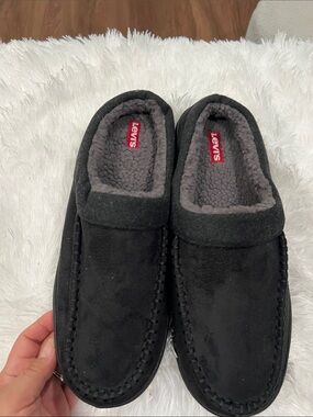 Levi's Men's Black Suede-Look Slip-On Moccasins with Gray Fleece Lining